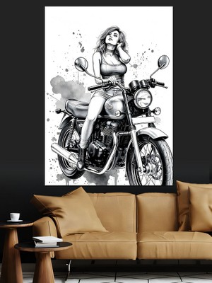 Ekart Retro Kadın Motorcu Dekoratif Kanvas - Mdf Ahşap Tablo