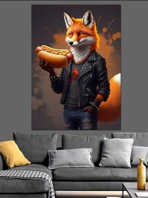 Ekart Sosisli Sandviç Seven Tilki Dekoratif Kanvas - Mdf Ahşap Tablo