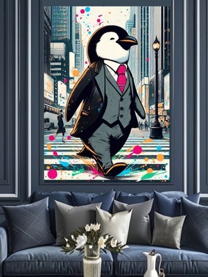 Ekart Takım Elbiseli Penguen Dekoratif Kanvas - Mdf Ahşap Tablo