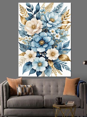 Ekart Mavi Çiçek Aranjmanı Dekoratif Kanvas - Mdf Ahşap Tablo