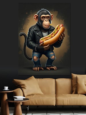 Ekart Hotdog Yiyen Maymun Dekoratif Kanvas - Mdf Ahşap Tablo