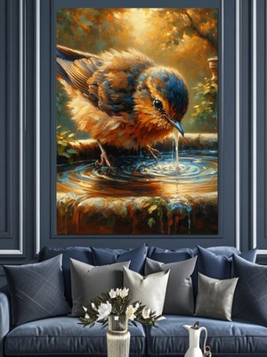 Su Içen Kuş Dekoratif Kanvas - Mdf Ahşap Tablo