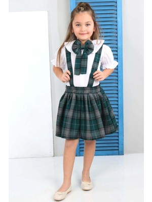 Kız Çocuk Kolları Fırfırlı Bebe Yaka Gömlek Üzeri Kare Çizgili Etekli Yeşil Salopet Takım