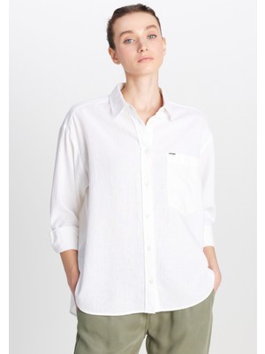 Relaxed Fit Geniş Kesim Keten Karışımlı Beyaz Gömlek