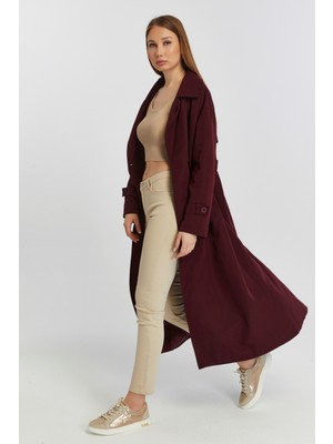 Bolivente Bordo Kadın Oversize Trençkot Gömlek Yaka Polyester Malzeme ile Rahat Kullanım