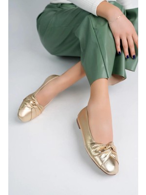 Tarçın Ayakkabı Hakiki Deri Altın Kadın Deri Babet TRC58-4053