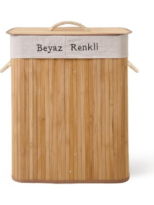 Simple Living Bambu Çift Hazneli Örme Çamaşır Sepeti - Bej - 80 Lt