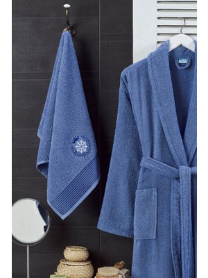 Bornoz - Nakışlı Havlu Seti Cora Indigo Mavi S/M+45X85CM