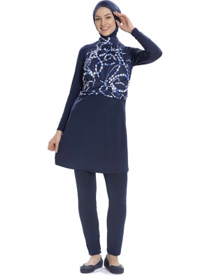 Kadın Lacivert Beyaz Desenli Uzun Kollu Tam Kapalı Tesettür Mayo HZL25S-AR259/02