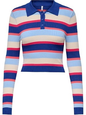 Only  Onlkarol Ls Crop Rıb Button Polo cc Knt Kadın Kazak 15340979 Stripes:dubarry/open A/birch/raspberry/mazarine Blue