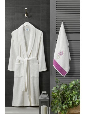 Bornoz - Nakışlı Havlu Seti Cora Bayan Krem L/XL+45X85CM