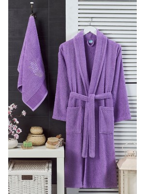 Bornoz - Nakışlı Havlu Seti Cora Lavanta L/XL+45X85CM