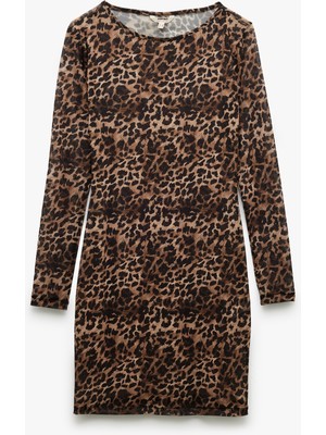 Koton Uzun Kollu Bisiklet Yaka Leopar Desenli Mini Tül Plaj Elbisesi