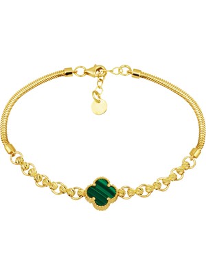 Zümrüt Sedefli Yonca Altın Bileklik 14 Ayar