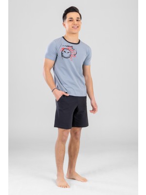 Genç Erkek Çocuk Pamuklu Bisiklet Yaka Yazı Baskılı Kısa Kollu Şortlu Pijama Takımı 9615 Gri