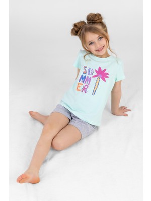 Kız Çocuk Pamuklu Bisiklet Yaka Kısa Kollu Baskılı Şortlu Pijama Takımı 9243 Yeşil