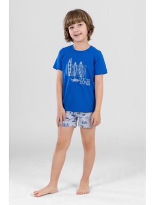 Erkek Çocuk Pamuklu Bisiklet Yaka Baskılı Kısa Kollu Şortlu Pijama Takımı 9613 Lacivert