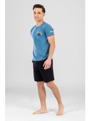 Genç Erkek Çocuk Pamuklu Bisiklet Yaka Yazı Baskılı Kısa Kollu Şortlu Pijama Takımı 9616 Mavi