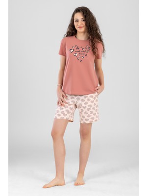 Genç Kız Çocuk Pamuklu Bisiklet Yaka Kalp Desen Baskılı Kısa Kollu Şortlu Pijama Takımı 9244 Somon