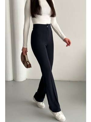 Kadın Lacivert Likralı Palazzo Yüksek Bel Pantolon