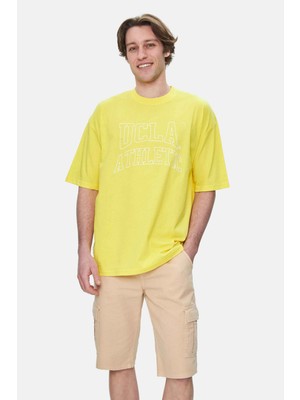 Ucla Webster Açık Sarı Bisiklet Yaka Baskılı Oversize Erkek Tshirt