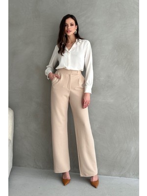 Kadın Likralı Cırt Kapama Taş Rengi Palazzo Pantolon