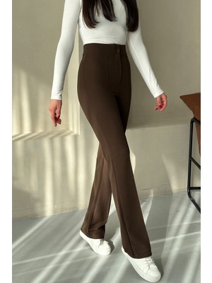 Kadın Kahve Likralı Palazzo Yüksek Bel Pantolon