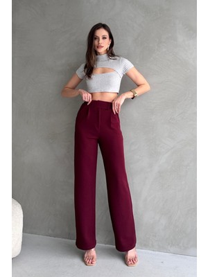 Kadın Likralı Cırt Kapama Bordo Palazzo Pantolon