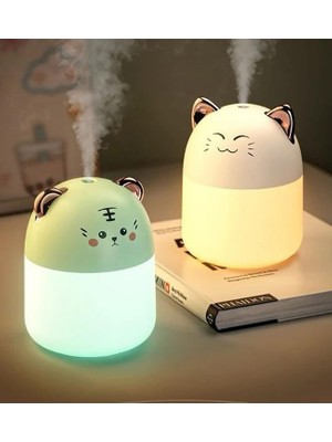 LED Işıklı Hava Nemlendiricisi Kedi Tasarımlı Buhar Makinesi - Beyaz Gözleri Kısık