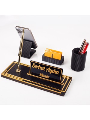 Vera Kalemlikli Gold Ahşap Masa Isimliği Seti Çizgi Desenli Hediye Ofis Dekoratif Masa Üstü Isimlik