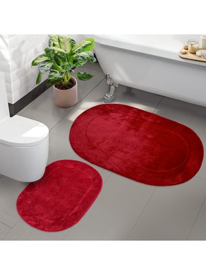 Teksev Rivora Kırmızı 2'li Banyo Halısı Paspası Seti Kaymaz Deri Tabanlı Makinede Yıkanabilir Klozet Takımı
