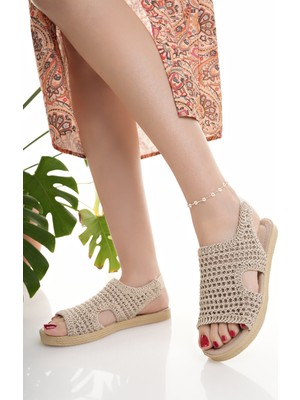 Moda Fırsat Kadın Hasır Sandalet Beyaz Örgü Dantel Triko Nakış Işlemeli Yeni Sezon Yazlık Ev Plaj Tatil Sandalet