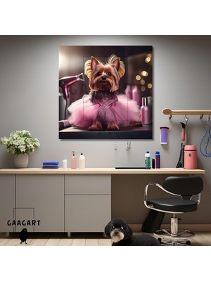 Tekli Kare Kanvas Pet Kuaför Pembe Tütülü Yorkshire Köpek