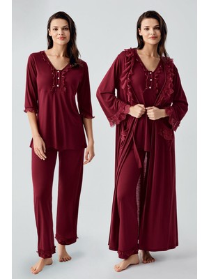 Artış Collection Uzun Kollu Dantelli Düğmeli Esnek Viskoz Sabahlık Pijama Takım 17304