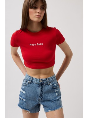 Nepo Baskılı Crop Kırmızı T-Shirt