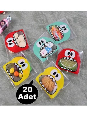 Hyd 20 Adet Canavar Desenli Bantlı Şeffaf Poşet Hediyelik Kendinden Yapışkanlı Jelatin 10X15CM