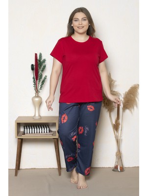 Büyük Beden Kırmızı Renkli Kisses Baskılı Kısa Kollu Battal Pijama Takımı B-8