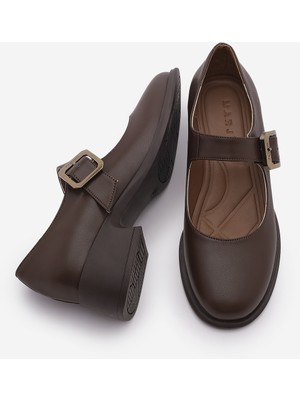 Marjin Kadın Tokalı Kalın Topuk Günlük Ayakkabı Loafer Meniz Kahve