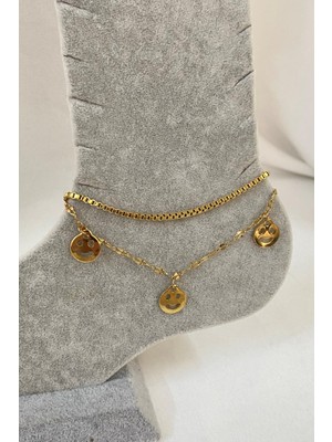 Altın Renk Gülen Surat Model Asansör ve Singapur Zincir Çelik Halhal - 3234