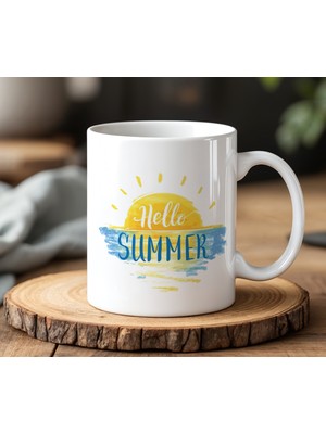 BB Design Hello Summer Yazı Tasarımlı Beyaz Seramik Baskılı Kupa Bardak 330 ml