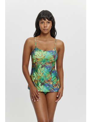 Louren Biye Detaylı İnce Askılı Tankini Renkli Desenli Kadın Plaj Modası
