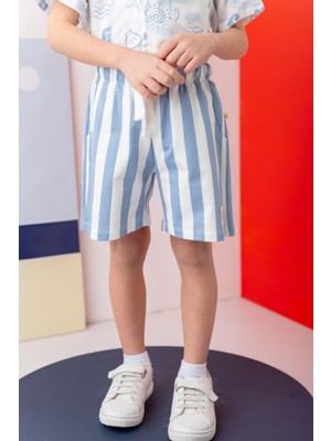 Unısex Çocuk Çizgili Şort - Mavi Çizgili