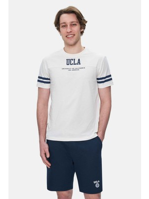 Ucla Stark Kemik Rengi Kolu Şeritli Bisiklet Yaka Baskılı Standard Fit Erkek Tshirt