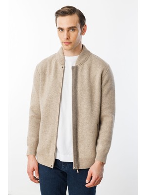 Desen Triko Erkek Pike Dokuma Fermuarlı Cepli Triko Mont K.bej