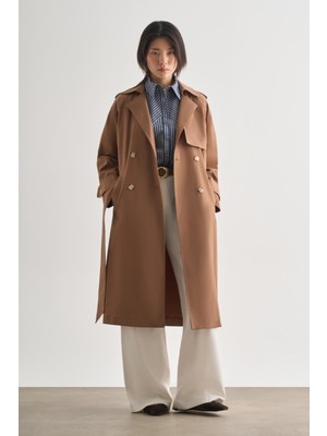 Mizalle Premium Pamuk Karışımlı Kahverengi Uzun Trençkot
