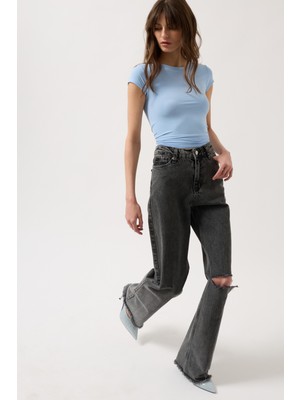 Lazer Kesim Wide Leg Siyah Jean