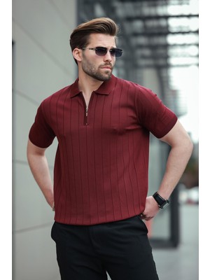Madmext Bordo Polo Yaka Fermuarlı Erkek T-Shirt E7298