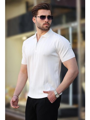 Madmext Beyaz Polo Yaka Fermuarlı Erkek T-Shirt E7298