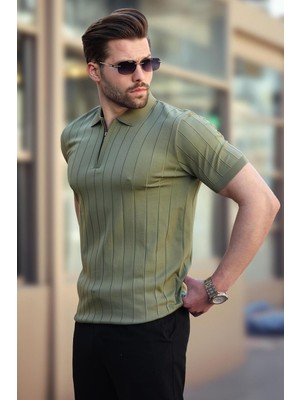 Madmext Haki Polo Yaka Fermuarlı Erkek T-Shirt E7298