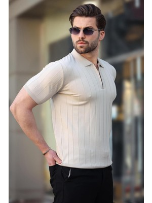 Madmext Taş Rengi Polo Yaka Fermuarlı Erkek T-Shirt E7298